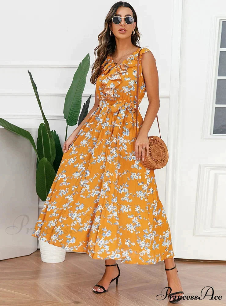 V-Neck Floral Pleated Dress
