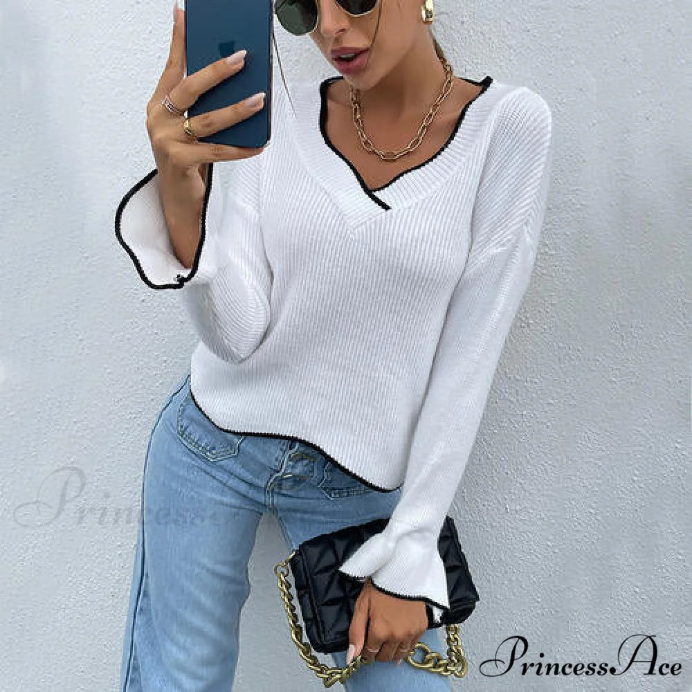V-Neck Flounce Sweater with Sleeves