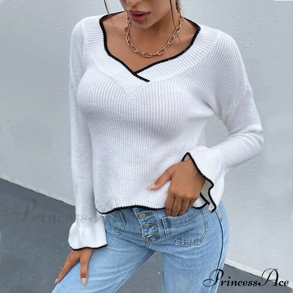 V-Neck Flounce Sweater with Sleeves