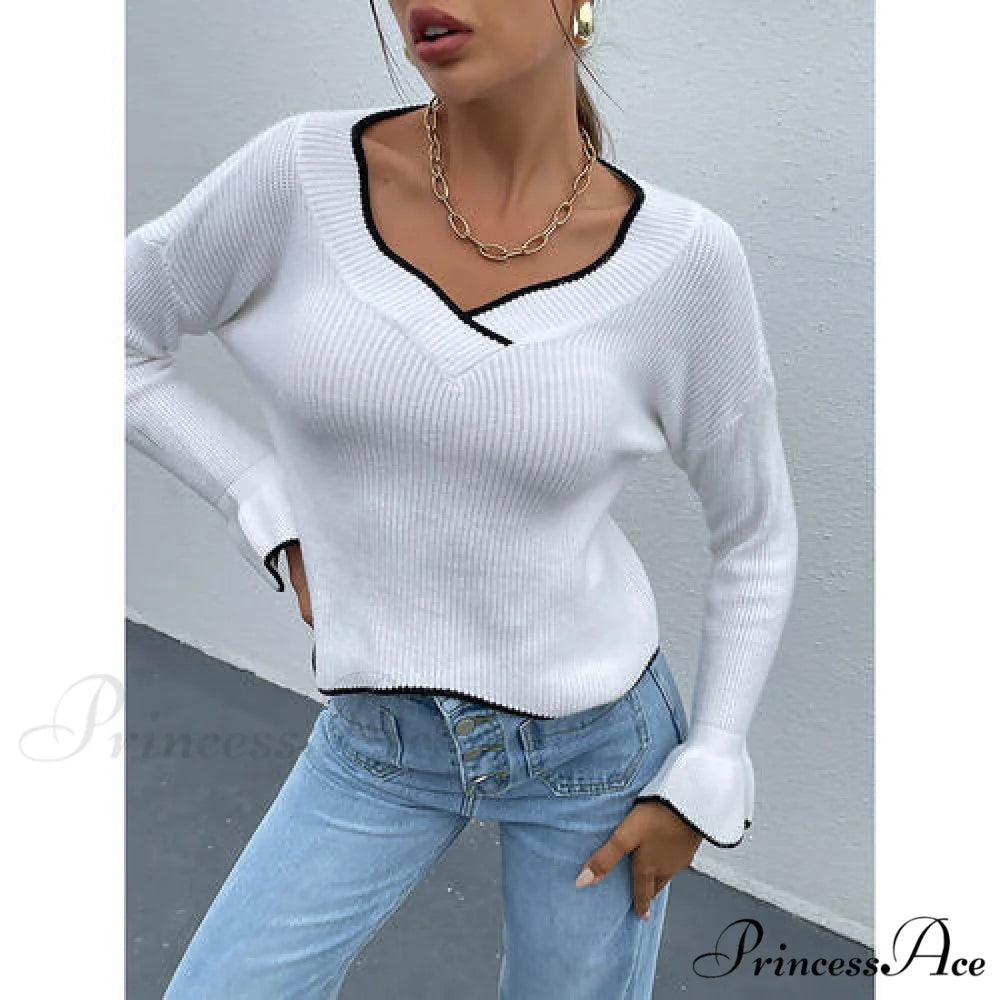 V-Neck Flounce Sweater with Sleeves