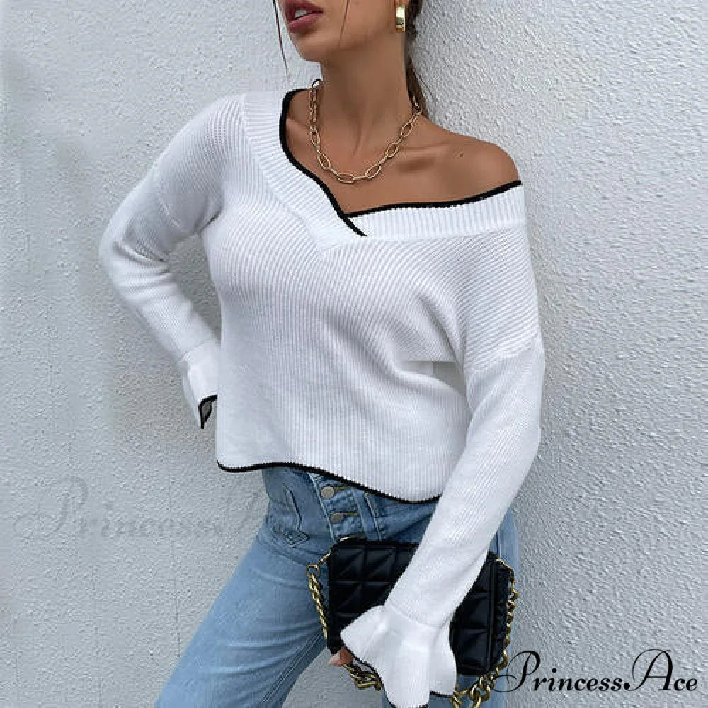 V-Neck Flounce Sweater with Sleeves