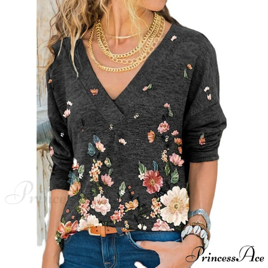 V-neck Flower Print Long-sleeved T-shirt