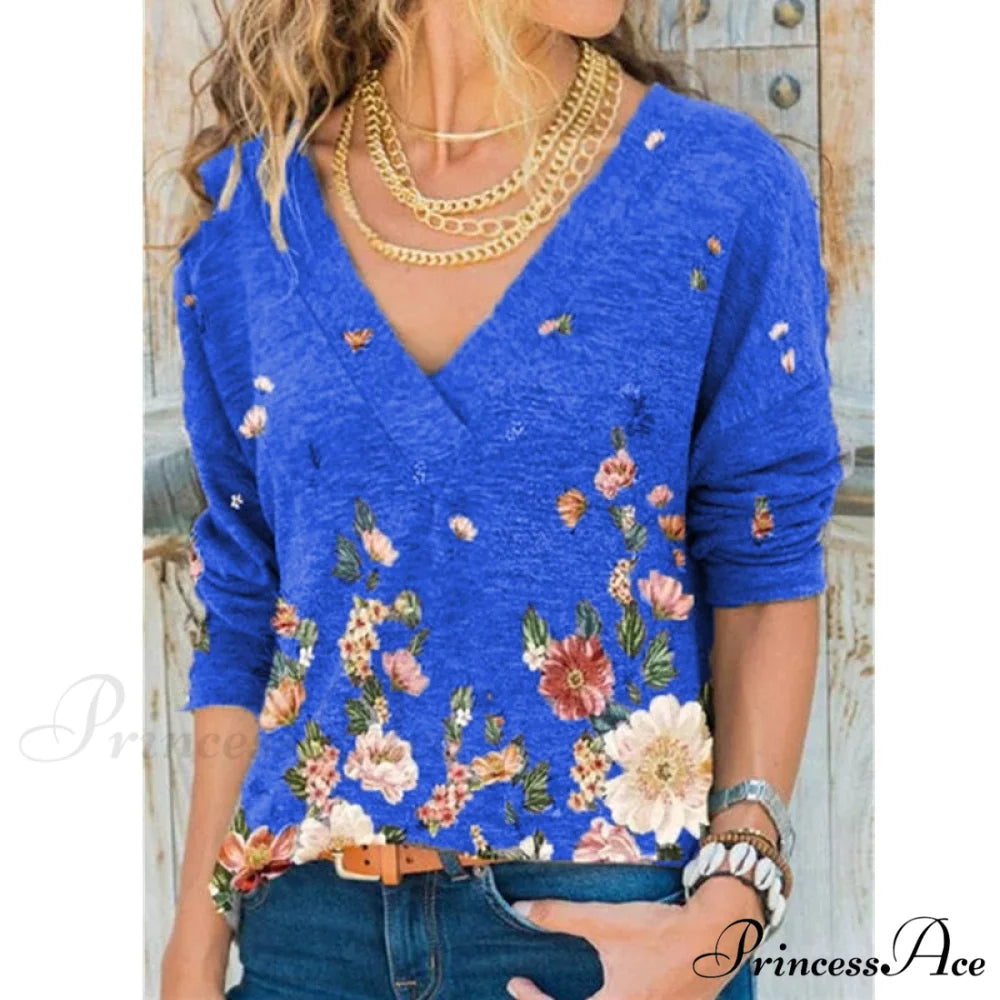 V-neck Flower Print Long-sleeved T-shirt Blue / S