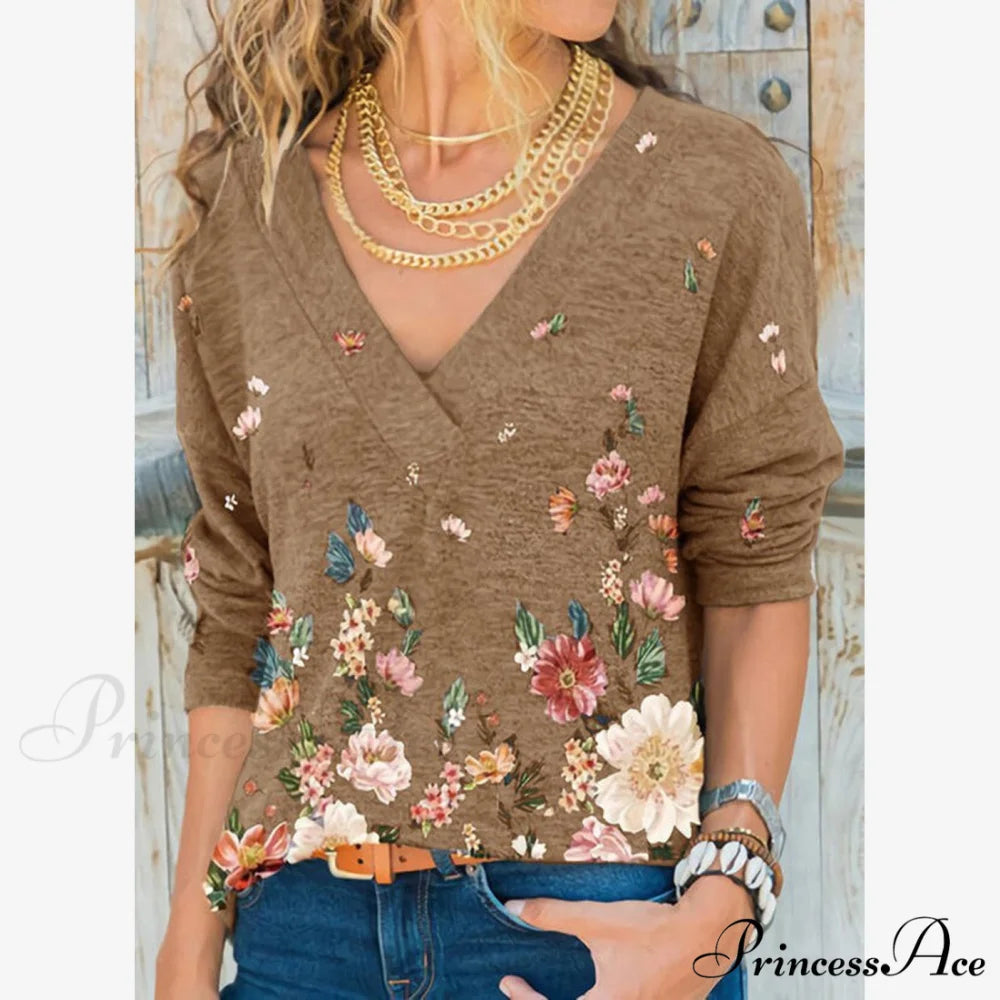 V-neck Flower Print Long-sleeved T-shirt Coffee / S