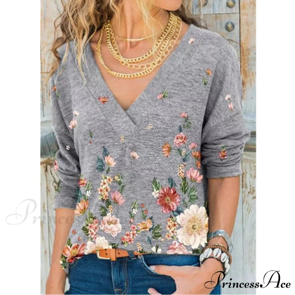 V-neck Flower Print Long-sleeved T-shirt Gray / S
