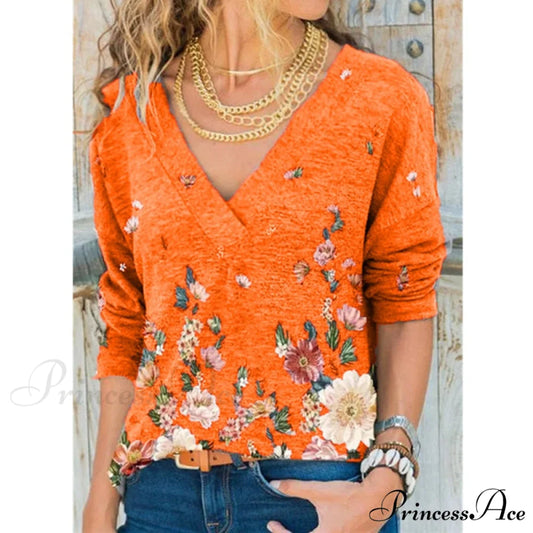 V-neck Flower Print Long-sleeved T-shirt Orange / S
