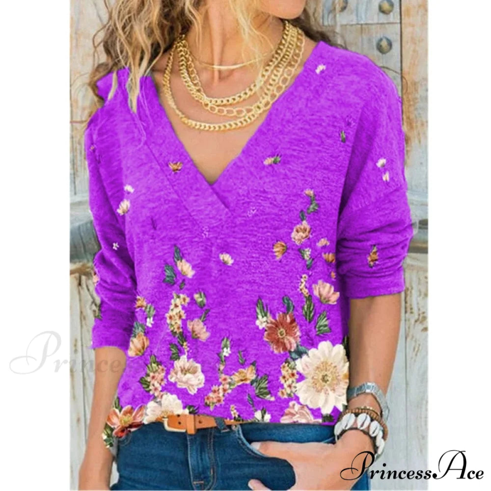 V-neck Flower Print Long-sleeved T-shirt purple / S