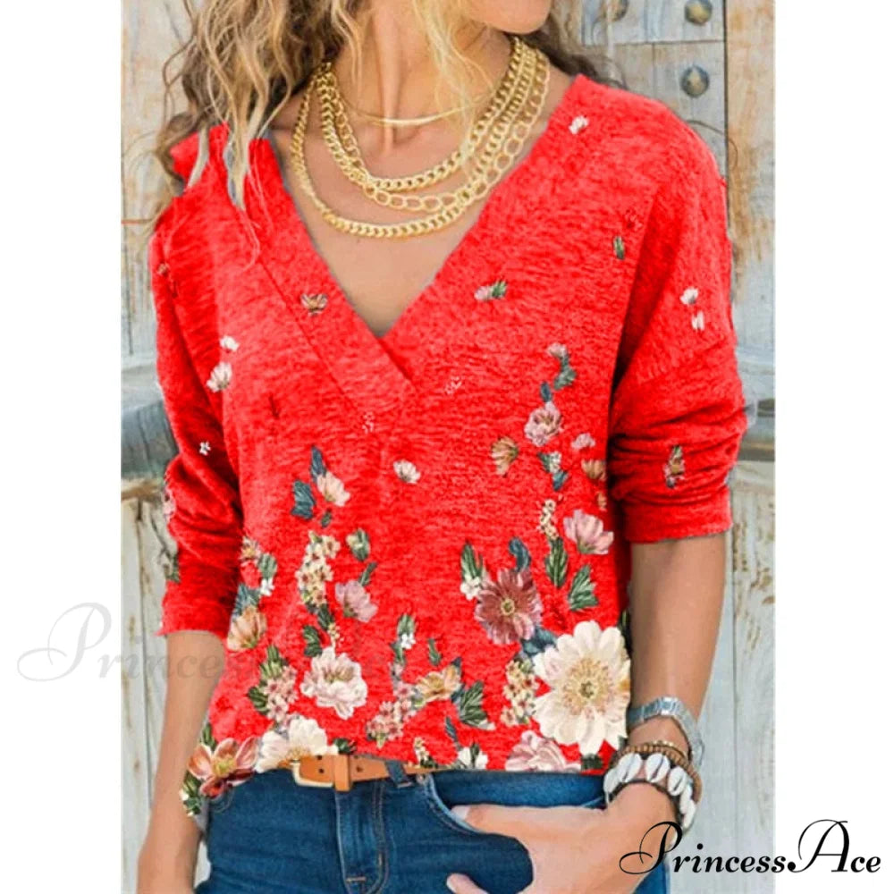 V-neck Flower Print Long-sleeved T-shirt Red / S