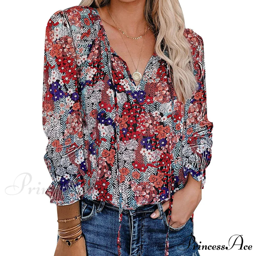 V-Neck Flowered Women’s Bohemian Dokotoo Top Blue / S