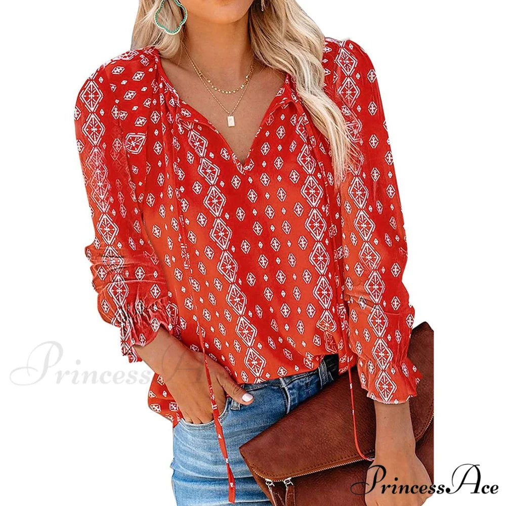 V-Neck Flowered Women’s Bohemian Dokotoo Top Red / S