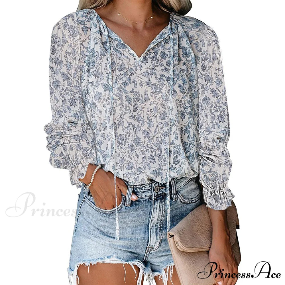 V-Neck Flowered Women’s Bohemian Dokotoo Top Sky Blue / S