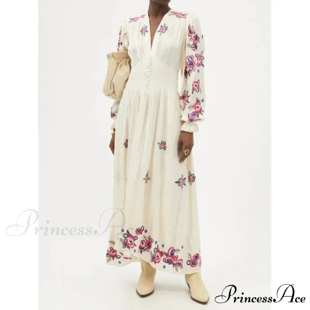 V-neck Flowery A-line Lantern Sleeve Cotton Boho Dress Beige / S bohodress-250126