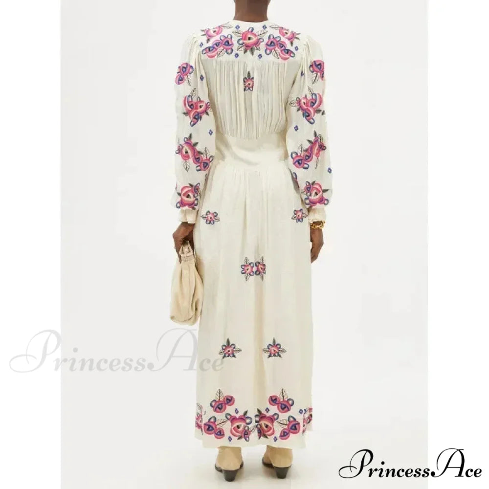 V-neck Flowery A-line Lantern Sleeve Cotton Boho Dress bohodress-250126