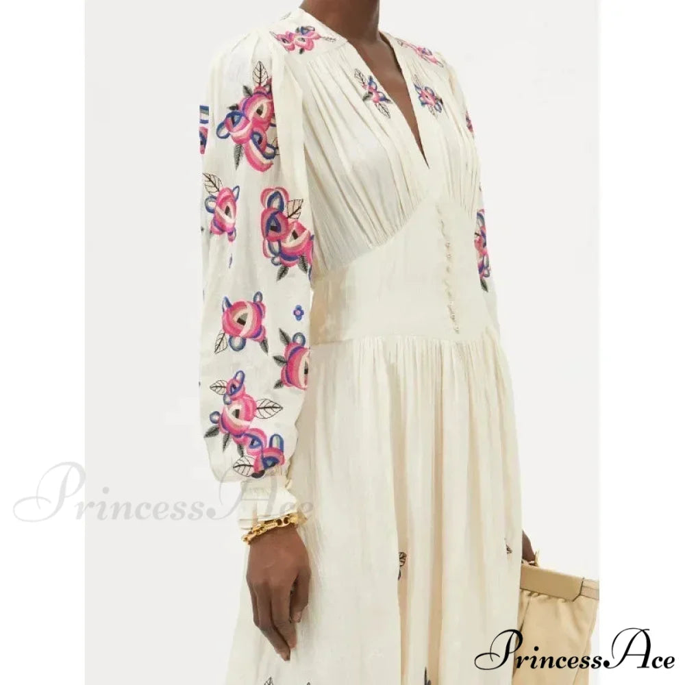 V-neck Flowery A-line Lantern Sleeve Cotton Boho Dress bohodress-250126