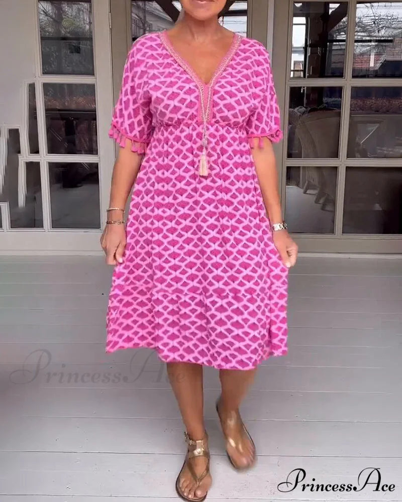 V-neck fringed dress Fuchsia / S