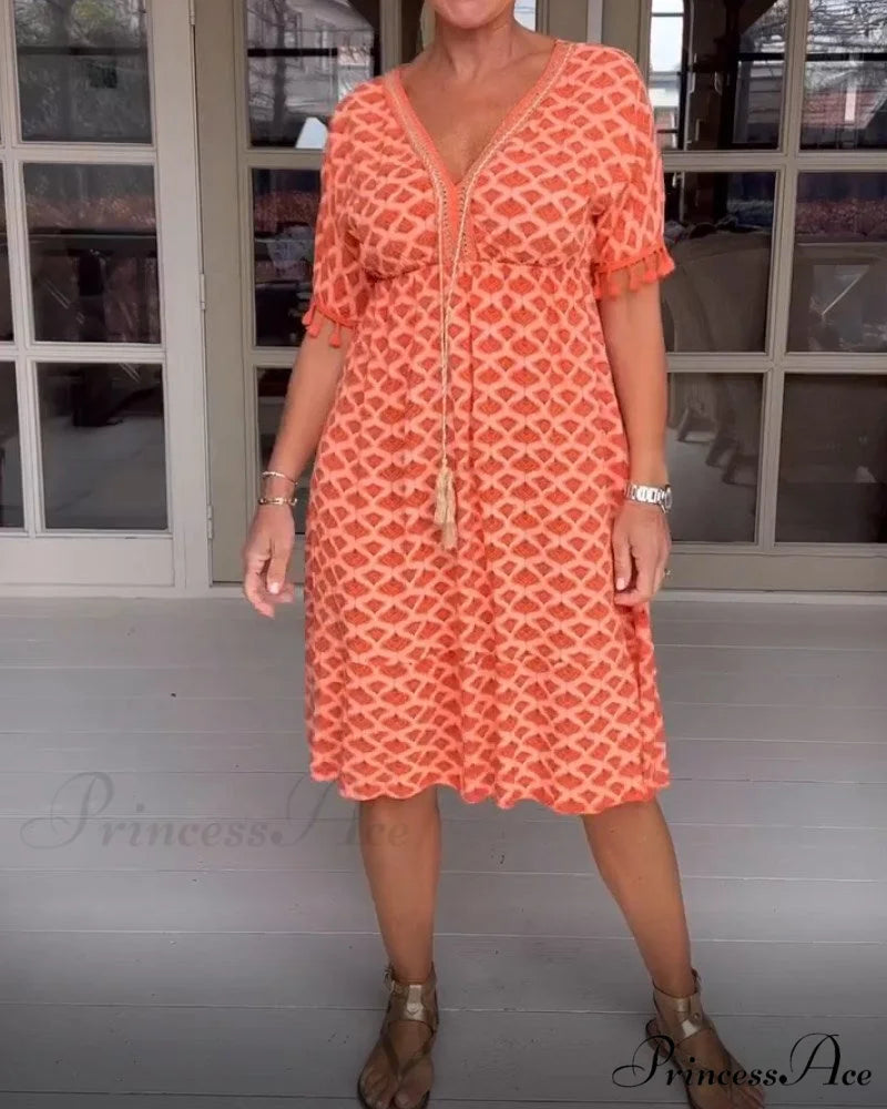 V-neck fringed dress Orange / S