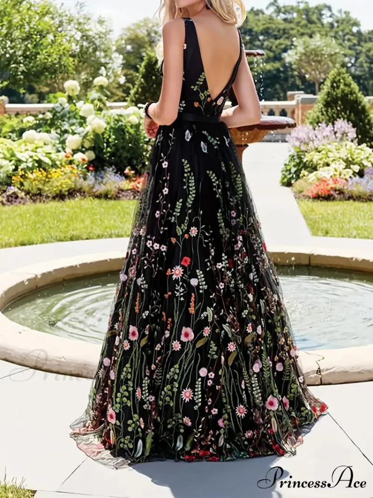 V Neck Full-Length Mesh Embroidered Flowered A-Line Dress