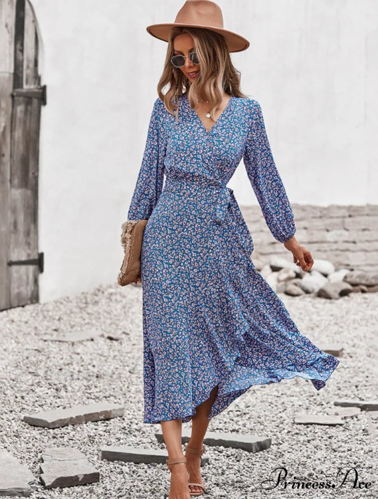V Neck Full Sleeve High Waist Bandage Print Dress for Spring/Autumn L / BLACK