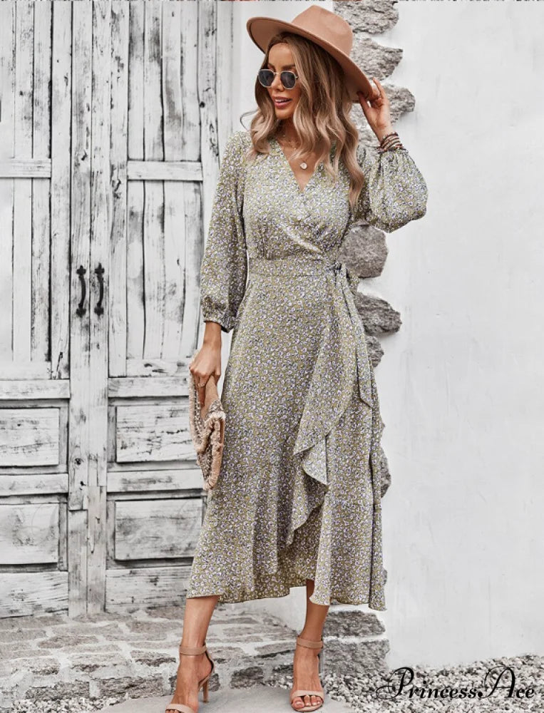 V Neck Full Sleeve High Waist Bandage Print Dress for Spring/Autumn L / BLUE