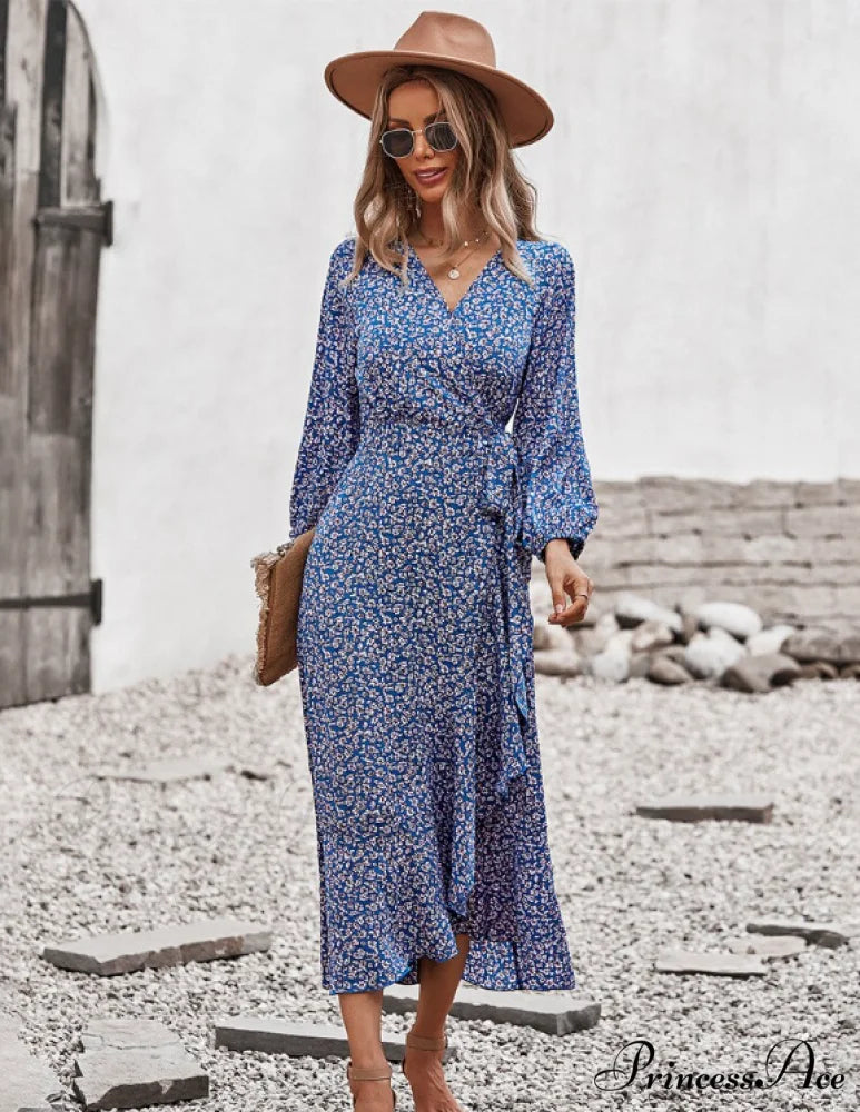 V Neck Full Sleeve High Waist Bandage Print Dress for Spring/Autumn L / KHAKI
