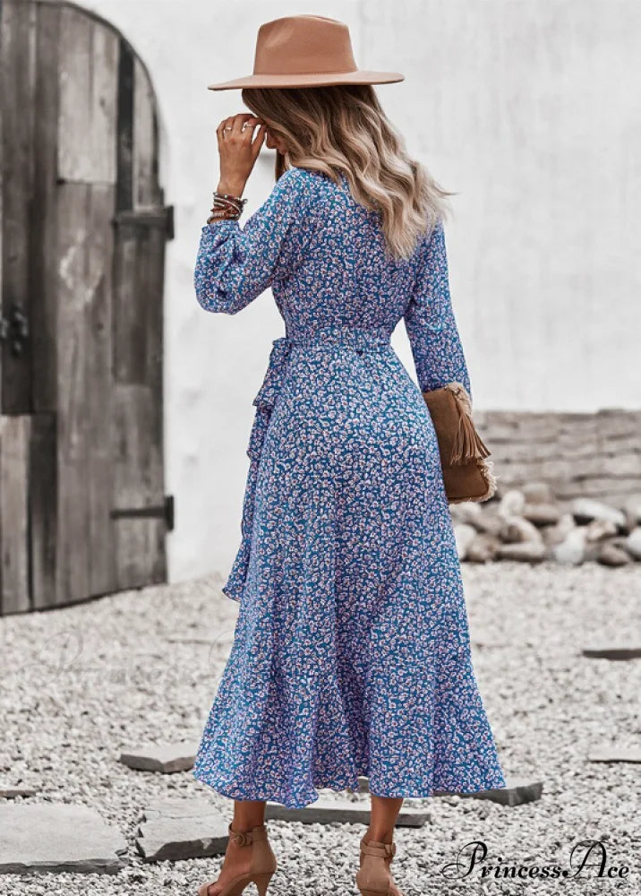 V Neck Full Sleeve High Waist Bandage Print Dress for Spring/Autumn L / RED