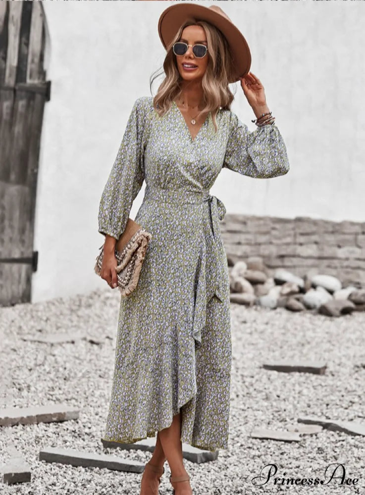V Neck Full Sleeve High Waist Bandage Print Dress for Spring/Autumn L / YELLOW