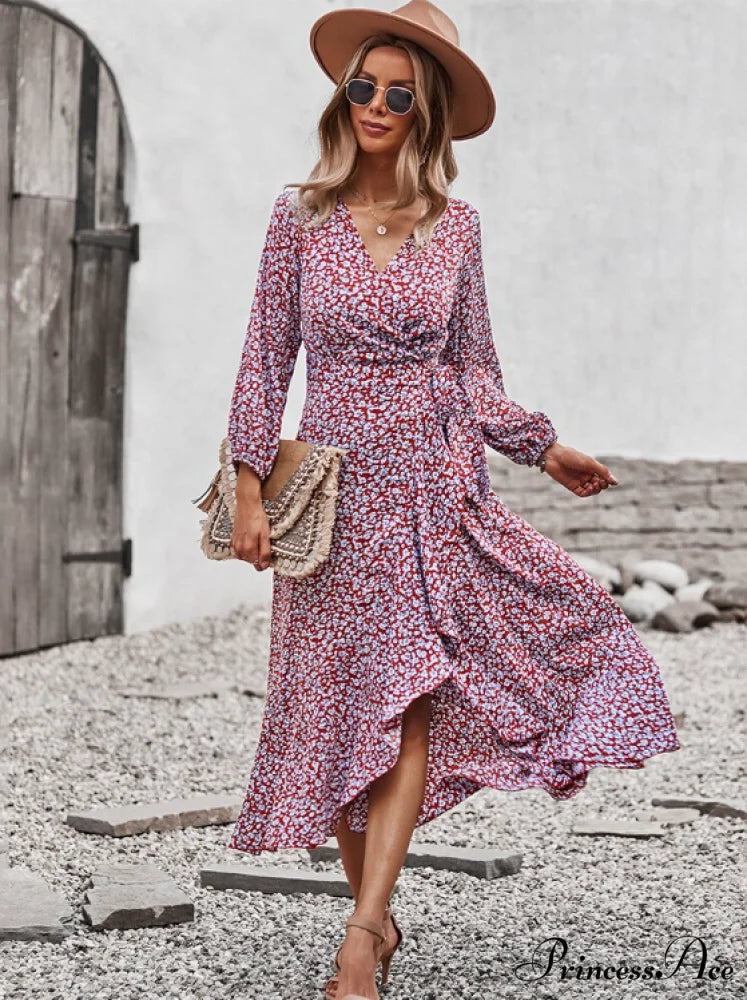 V Neck Full Sleeve High Waist Bandage Print Dress for Spring/Autumn M / BLACK