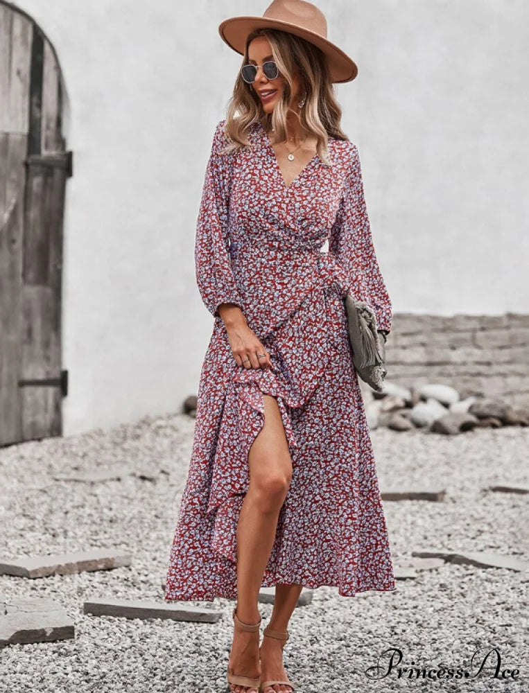V Neck Full Sleeve High Waist Bandage Print Dress for Spring/Autumn M / BLUE
