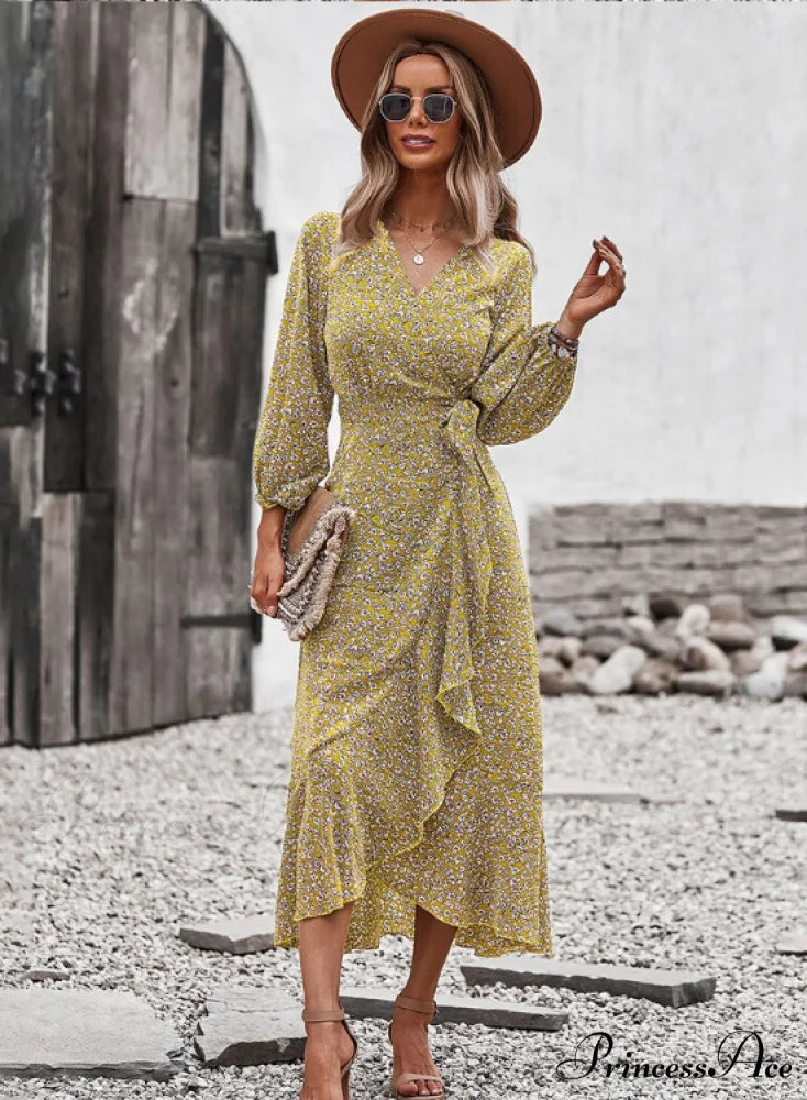 V Neck Full Sleeve High Waist Bandage Print Dress for Spring/Autumn S / BLUE