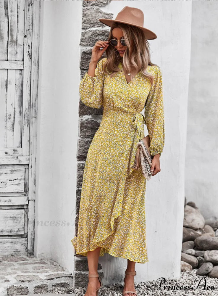 V Neck Full Sleeve High Waist Bandage Print Dress for Spring/Autumn S / KHAKI