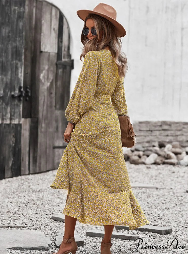 V Neck Full Sleeve High Waist Bandage Print Dress for Spring/Autumn S / RED