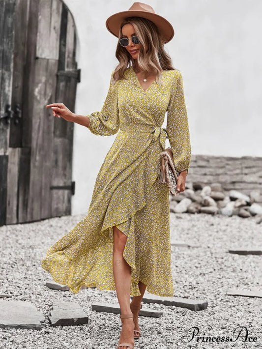 V Neck Full Sleeve High Waist Bandage Print Dress for Spring/Autumn S / YELLOW