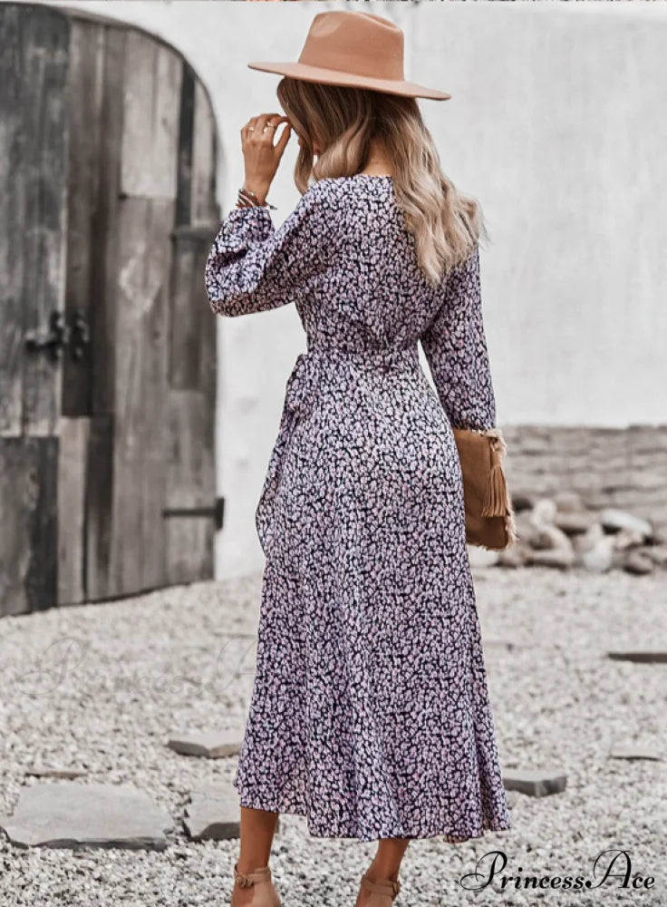 V Neck Full Sleeve High Waist Bandage Print Dress for Spring/Autumn XL / BLACK