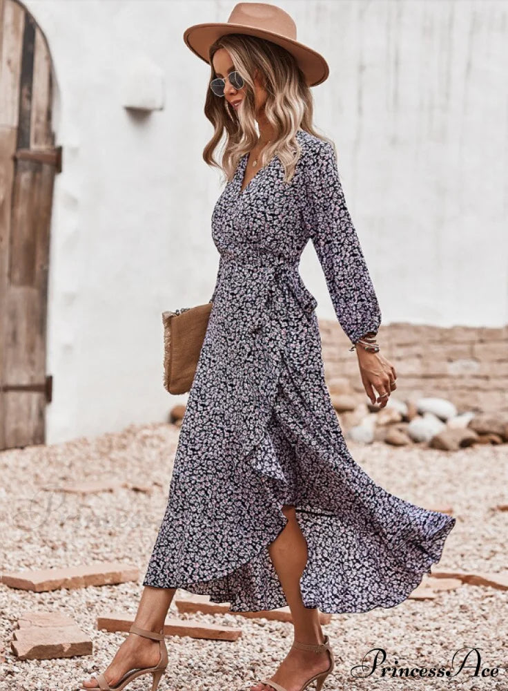 V Neck Full Sleeve High Waist Bandage Print Dress for Spring/Autumn XL / BLUE