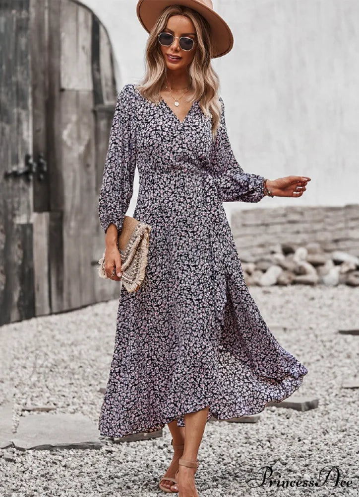 V Neck Full Sleeve High Waist Bandage Print Dress for Spring/Autumn XL / YELLOW