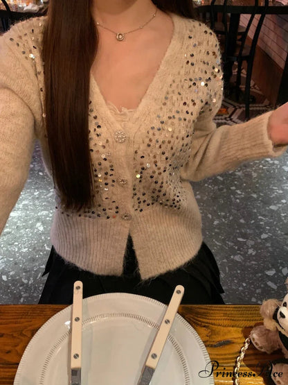 V-neck Gray Sequin Short Knit Cardigan