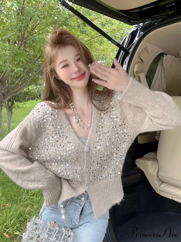 V-neck Gray Sequin Short Knit Cardigan Khaki / One Size