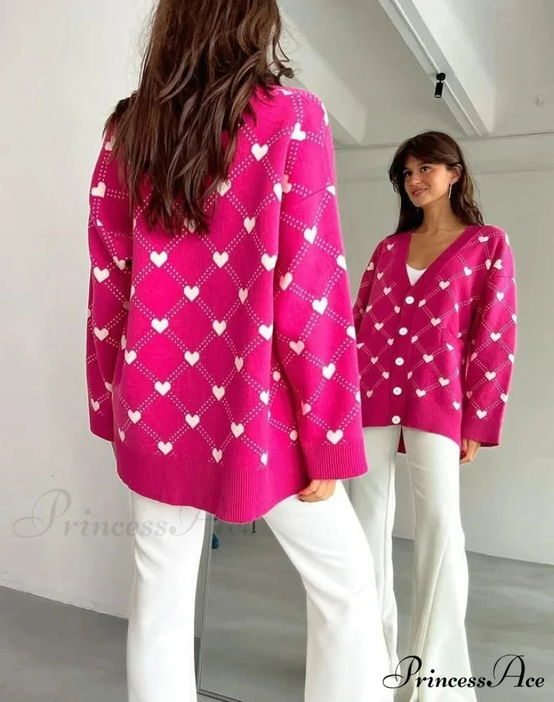 V-neck Heart Pattern Pocket Cardigan Deep pink / S