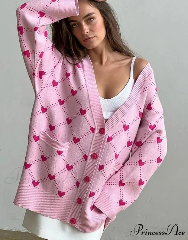 V-neck Heart Pattern Pocket Cardigan Light pink / S
