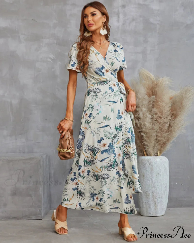 V-Neck Holiday Print Summer Dress Women Short Sleeve Floral Split Beach Sundress