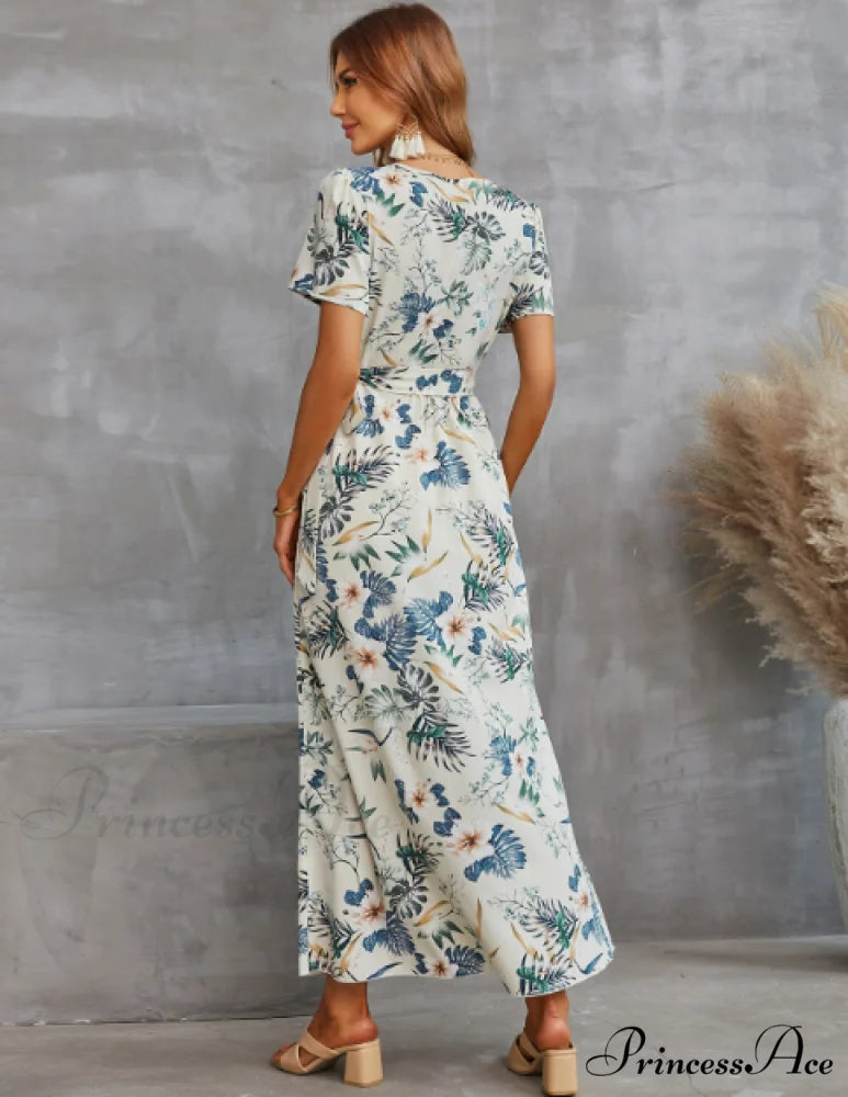 V-Neck Holiday Print Summer Dress Women Short Sleeve Floral Split Beach Sundress