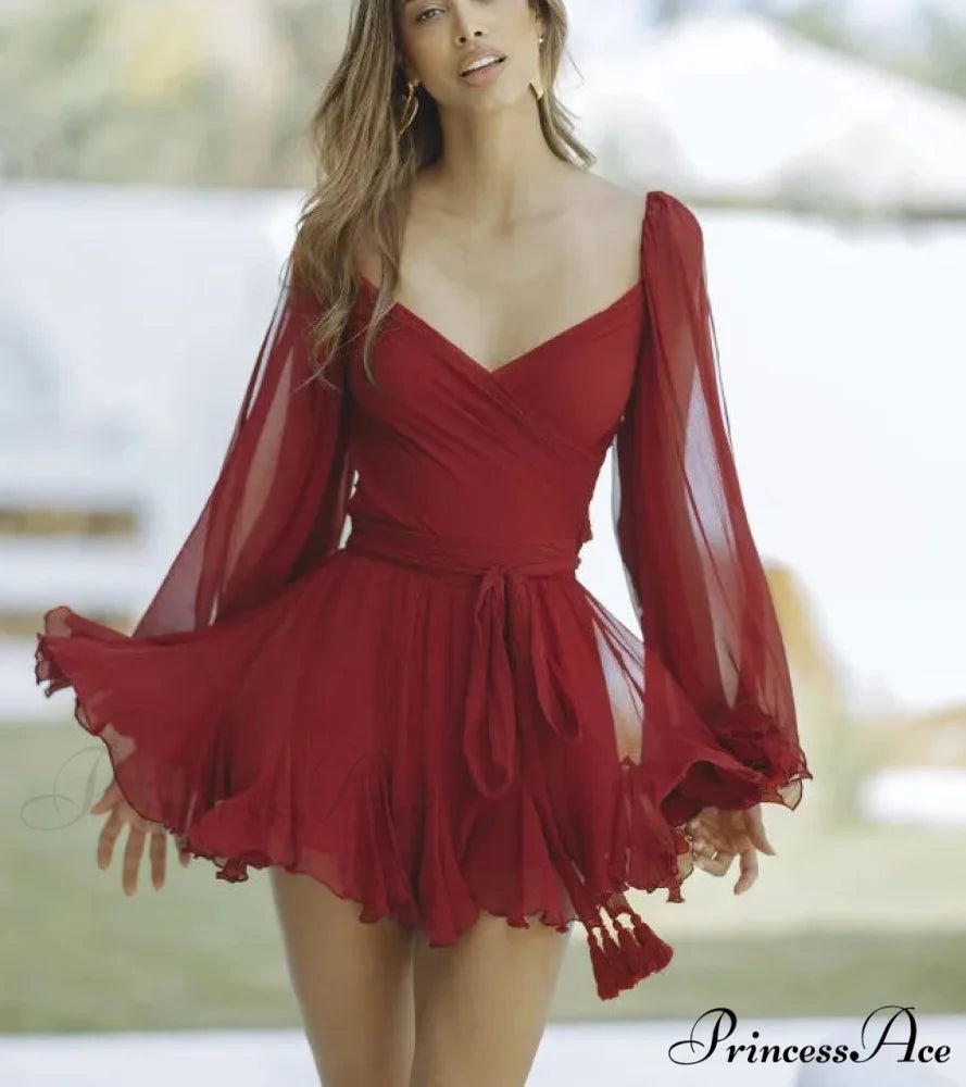V Neck Hollow Out Lantern Sleeve Mini Dress - Solid Color - Christmas Party Dress Red / XS