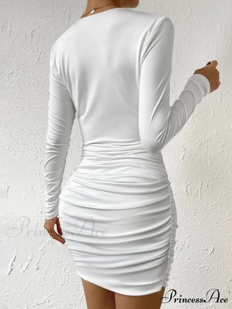 V-Neck Hollow Pleated Slim Wrap Hip Nightclub Short Cut Out Dress