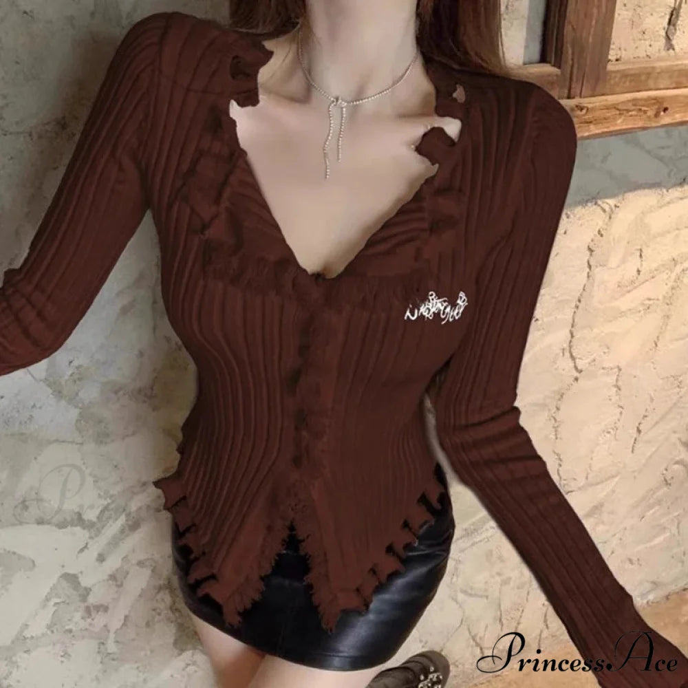 V-Neck Knit Jumper Design Fringe Asymmetrical Hem Knit Blouse Brown / One Size knittop-250126