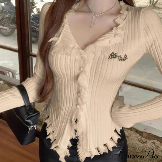 V-Neck Knit Jumper Design Fringe Asymmetrical Hem Knit Blouse Ivory / One Size knittop-250126