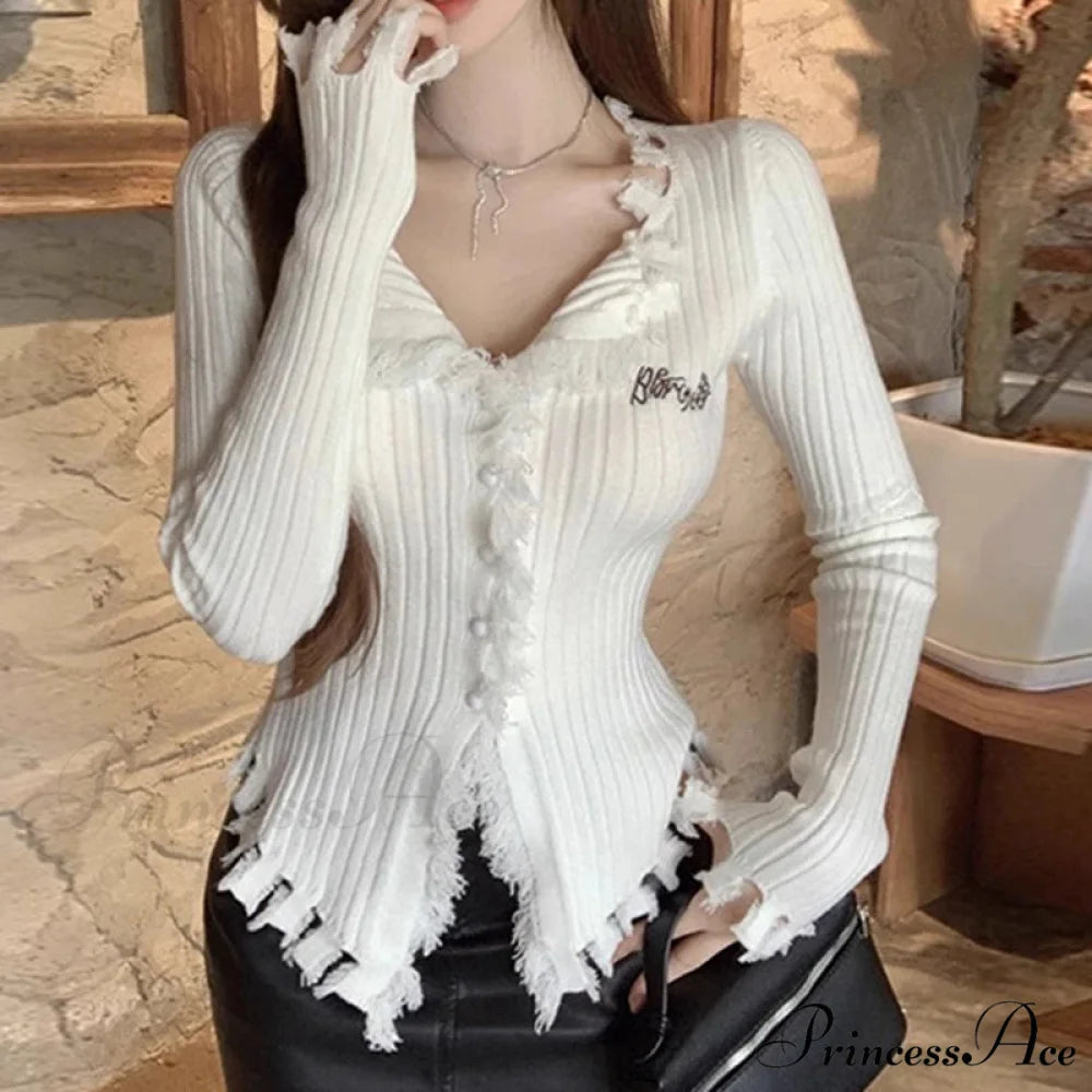 V-Neck Knit Jumper Design Fringe Asymmetrical Hem Knit Blouse knittop-250126