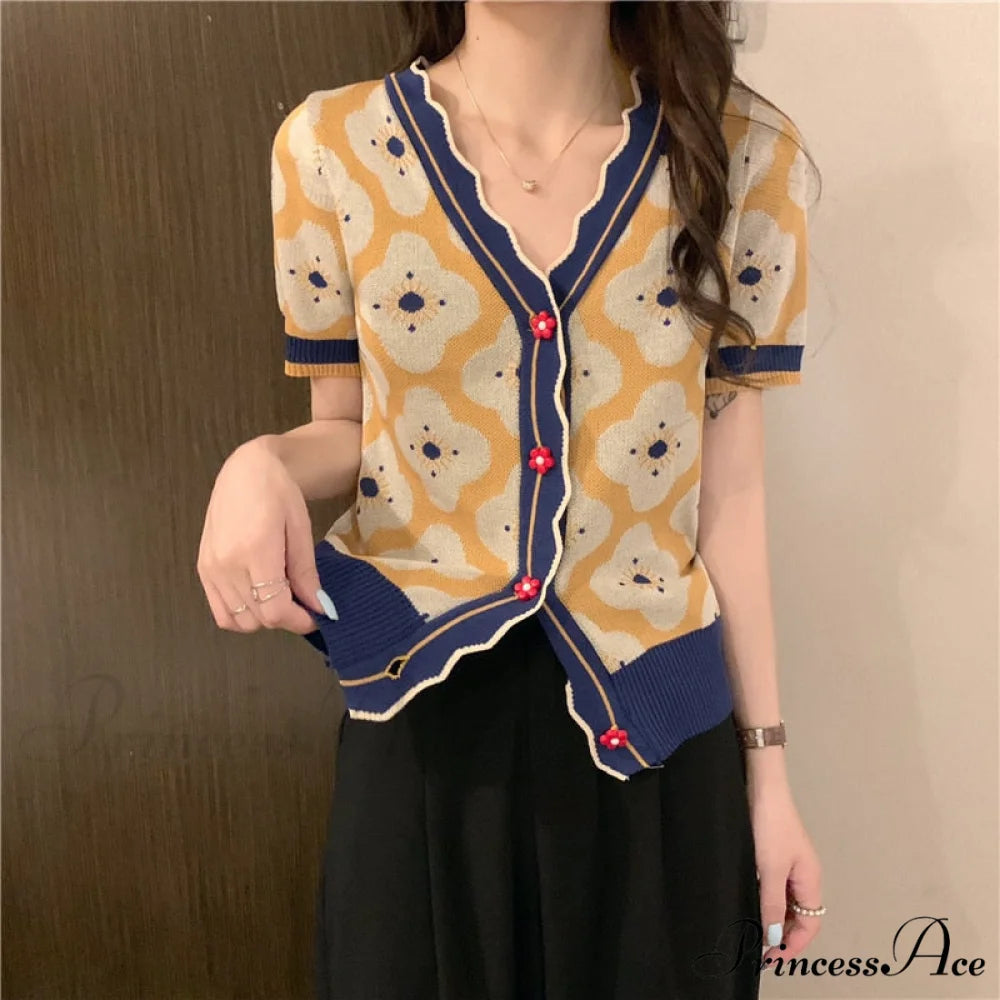 V-Neck Knitted Printed Flowers Sweaters Vintage Cardigan