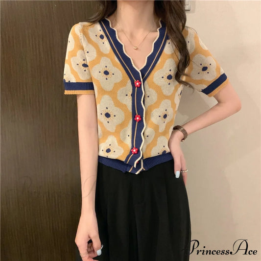 V-Neck Knitted Printed Flowers Sweaters Vintage Cardigan Blue / One Size