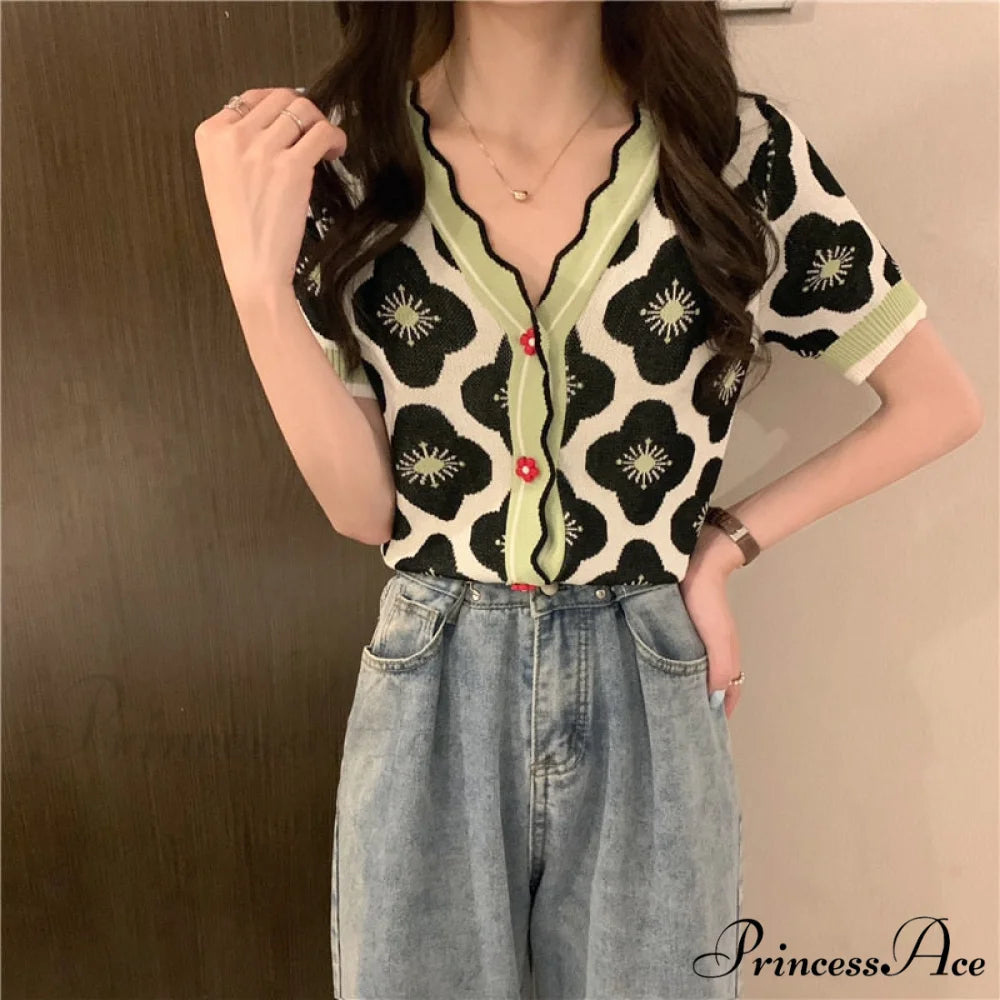 V-Neck Knitted Printed Flowers Sweaters Vintage Cardigan Green / One Size