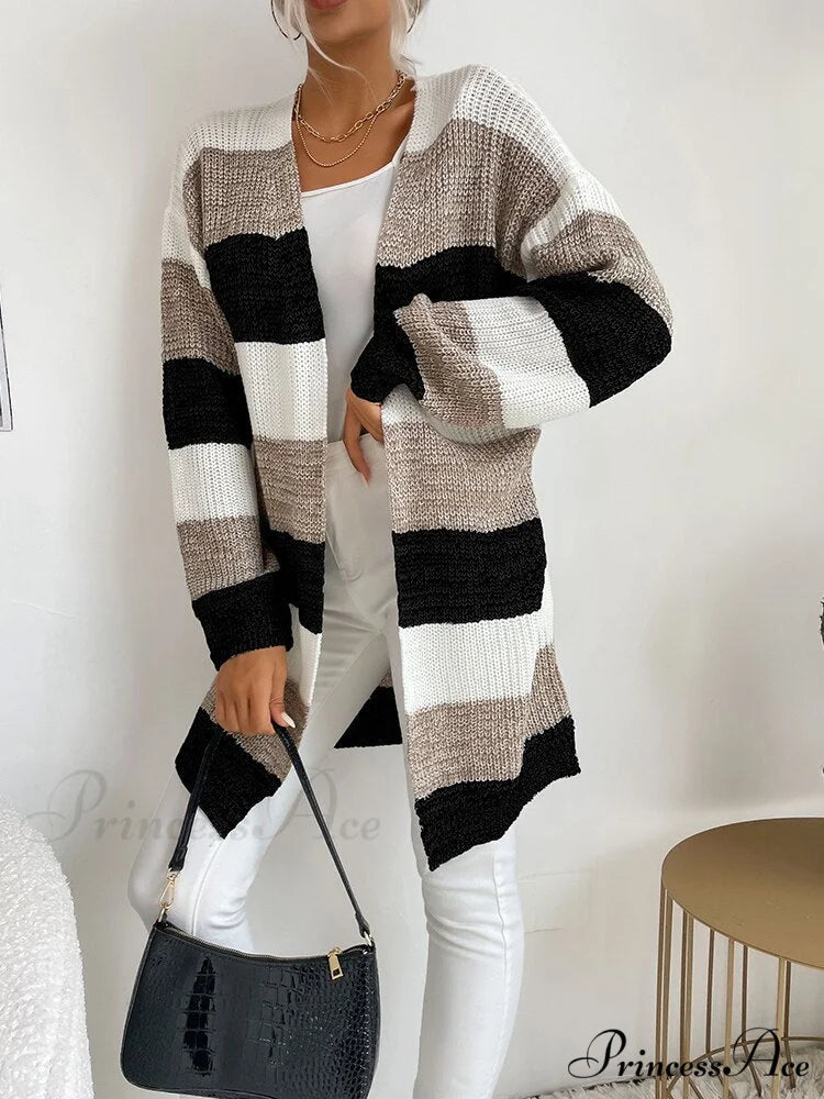 V-neck Knitted Sweater Fashion Warm Holiday Cardigan Coffee / S